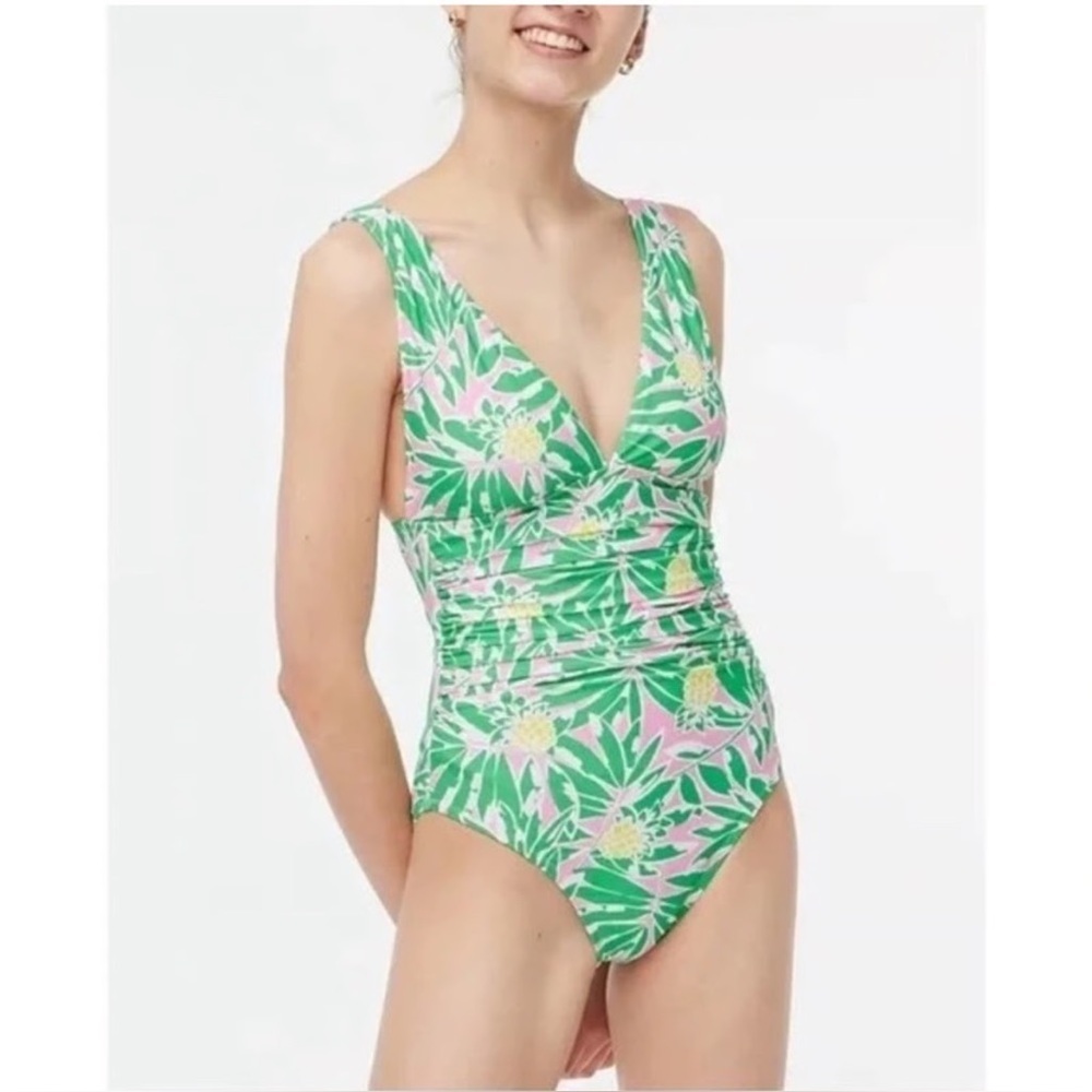 J. Crew V Neck Rushed One Piece Swimsuit Large Pineapple Pink Green Tropical